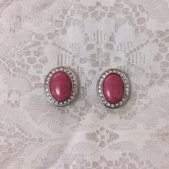 Vintage Genuine Pink Coral Clear Cubic Zirconia Silver Tone Oval Clip Earrings - Picture 6 of 8